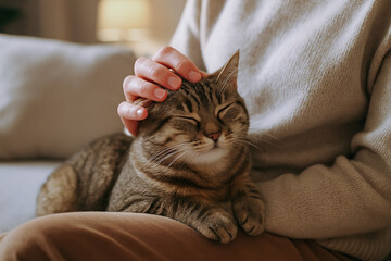 Pet wellness includes mental health and stress relief care. A content tabby cat with eyes closed is being gently petted on the head by a person wearing a cozy beige sweater.