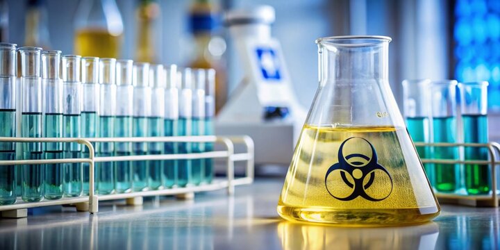 Laboratory Sample Analysis Conical Flask with Biohazard Symbol and Test Tubes Containing Liquid
