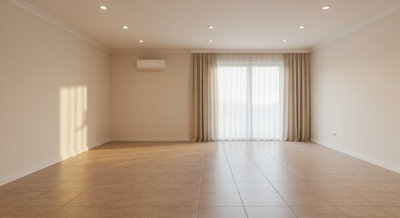 Empty beige room with tile floor, natural light, and sheer curtains