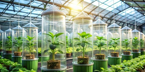 Fototapeta premium Cultivating New Life A Greenhouse Filled with Young Plants Carefully Protected in Individual Cylindrical Enclosures Under Glass