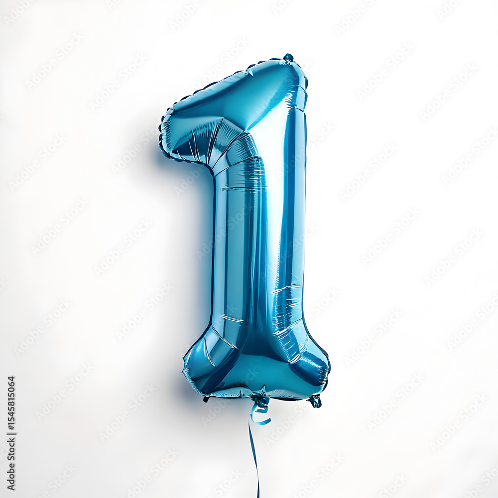 Fototapete a balloon shaped like the number 1, chrome blue metallic finish with realistic reflections and smoot