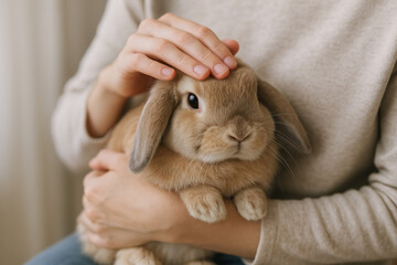 Naklejka premium Pet wellness includes mental health and stress relief care. A person gently holds and pets a calm, light brown lop-eared rabbit, showcasing tenderness and care in a cozy indoor setting.