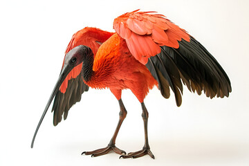 A vibrant scarlet ibis stands with its wings partially spread, showcasing its brilliant red plumage against a clean white background.