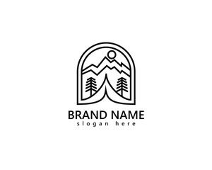 adventure, camping logo, mountains and tents accompanied by pine trees with line concept, logo design inspiration
