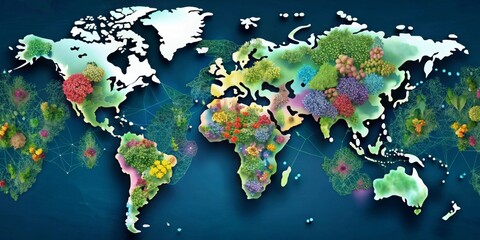 Global interconnectedness visualized through vibrant floral representations on a world map, depicting a complex network of relationships spanning continents.
