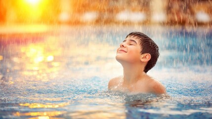Fototapeta premium Happy Boy Enjoying a Splash in a Swimming Pool During Sunset with Warm Sunlight and Joyful Expression