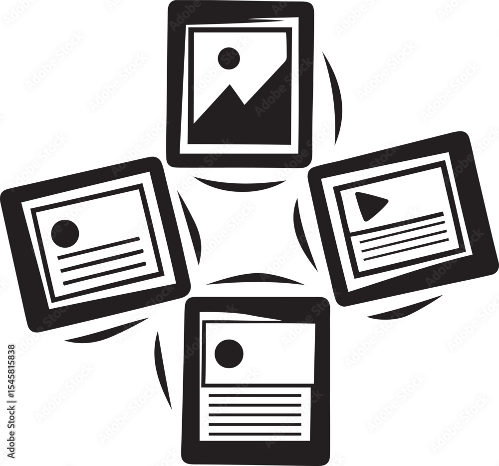 Poster representing content creation or media types vector icon design, silhouette and line art vector desi