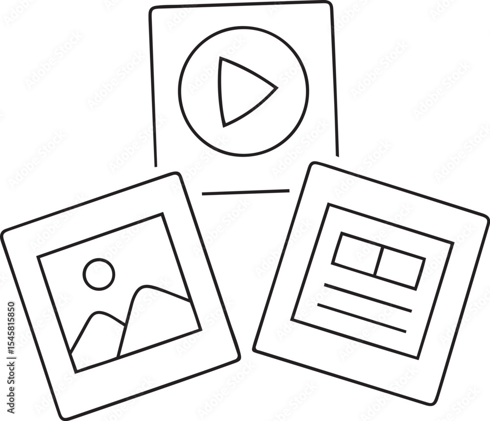 Poster representing content creation or media types vector icon design, silhouette and line art vector desi