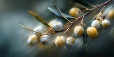 Close-Up of Olive Branch with Ripe Yellowish-Green Olives