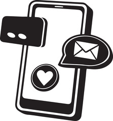 A vector icon illustration of smartphone with social media notifications, smartphone with social media notifications silhouette and line art vector