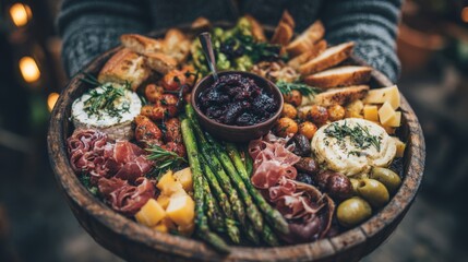 Rustic Wooden Board with Charcuterie and Appetizers