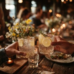 Two Hands Toasting with Sparkling Lemon Rosemary Cocktails at a Rustic Dinner Party