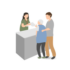 Elderly person and adult son consulting at welfare counter – vector illustration