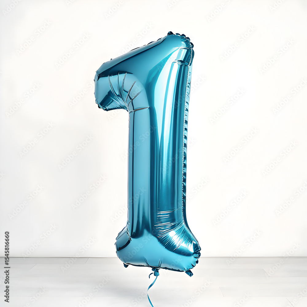 Fototapete a balloon shaped like the number 1, chrome blue metallic finish with realistic reflections and smoot