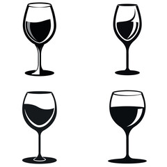Wine Glasses Graphics Black Silhouette Set of Four Unique Designs on White