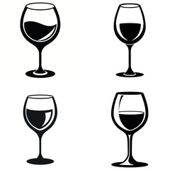 Four Black and White Silhouette Wine Glasses of Varying Shapes and Liquid Levels