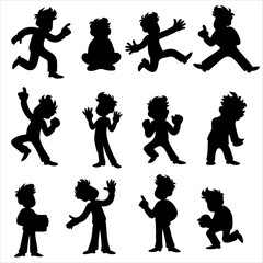 Cartoon Boy Character Silhouettes .Diverse Poses for Animation and Design.Black shadow human activity sign 