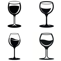 Four Black and White Stylized Wine Glasses with Varying Levels of Liquid Fill