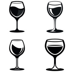 Four Minimalist Black and White Illustrations of Wine Glasses Filled with Liquid on White Background