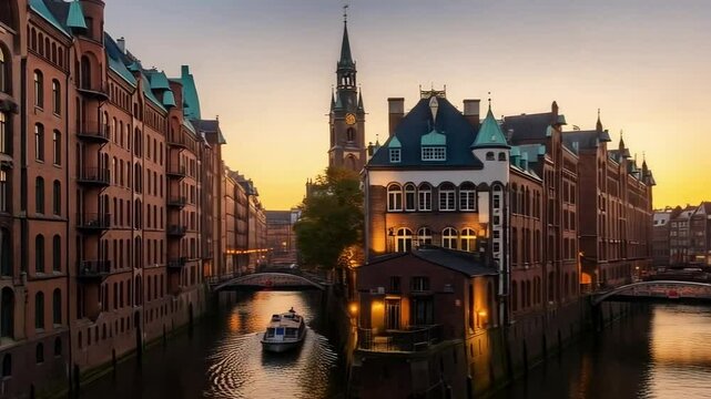 A boat travels down a canal in hamburg, germany, at sunset, passing historic brick buildings