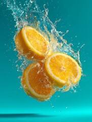 Three Orange Slices Splashing in Teal Water