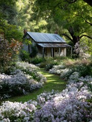 Rustic Wooden Cottage Amidst Purple And White Flowers