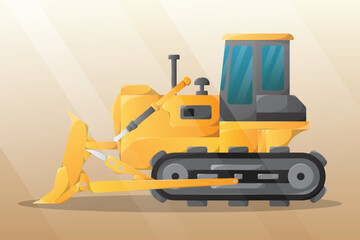 Side view yellow cartoon bulldozer illustration. Heavy construction equipment. Building machinery clip art.