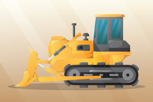 Side view yellow cartoon bulldozer illustration. Heavy construction equipment. Building machinery clip art.