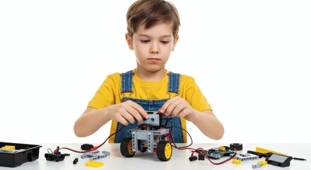 Concentrated Boy Assembling Robotic Toy Kit on White Background