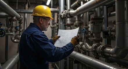 Industrial Engineer Reviewing Blueprint in Refinery