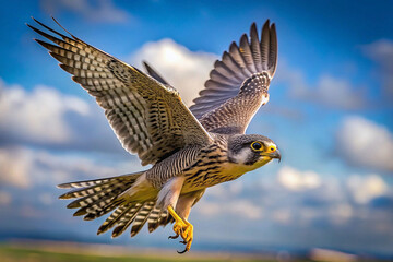 Fototapeta premium A falcon in dynamic flight, wings outstretched against a vibrant blue sky dotted with fluffy white clouds. Its sharp talons are extended, showcasing the bird's power and agility