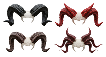Dramatic Ram Horn Headwear Designs in Black Brown and Red perfect for fantasy costumes Halloween accessories or theatrical productions, transparent background