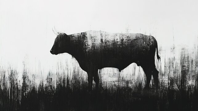 Silhouetted bull in a field