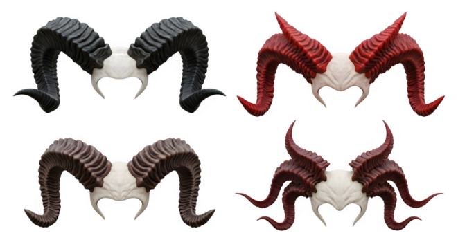 Dramatic Ram Horn Headwear Designs in Black Brown and Red perfect for fantasy costumes Halloween accessories or theatrical productions, transparent background - Powered by Adobe