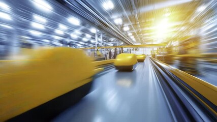 High speed yellow automated vehicles and robotic technology in modern industrial warehouse, showcasing advanced logistics, transportation, and futuristic automation systems - Powered by Adobe