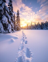 A winding trail of footprints in fresh, untouched snow leads through a serene winter landscape, glistening under soft sunlight, surrounded by frosted trees.