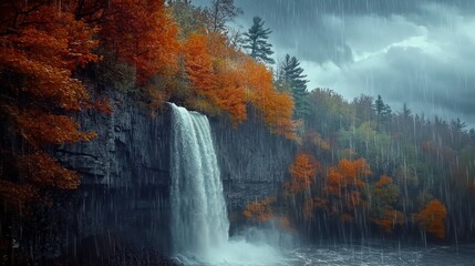 Autumn waterfall in rain