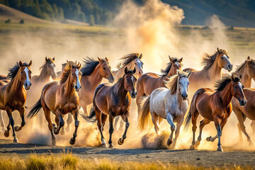 A herd of horses, diverse in coat color, gallops across a dusty plain at sunset, kicking up a cloud of golden dust.  Their manes and tails fly in the wind