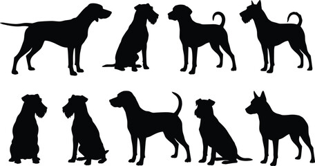 PrintSilhouette collection of dog breeds in various poses, pet dog vector illustration, black dog clipart design, isolated dog shapes for graphic and print use