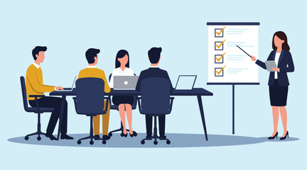 Business Presentation: Team Collaboration and Strategic Planning in a Professional Meeting flat vector illustration