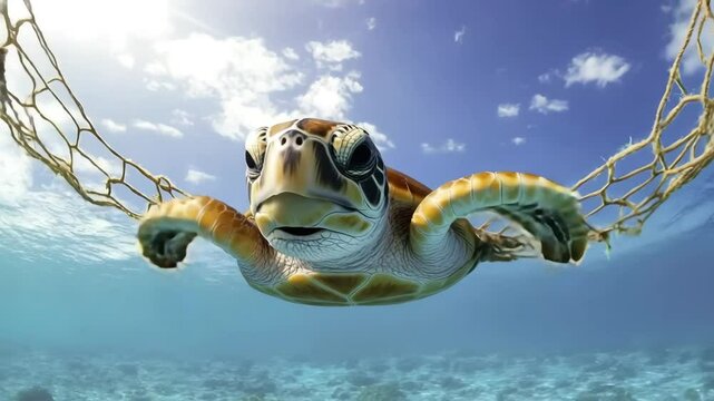 Sea turtle swimming underwater entangled net, clear blue ocean and sunlight highlight marine conservation and environmental concern, struggling to escape pollution impact, blue sea turtle