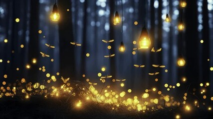 Magical forest scene with glowing fireflies and lanterns, warm golden lights illuminating enchanting woods night, creating dreamy, magical atmosphere with soft, glowing light and blurred background - Powered by Adobe