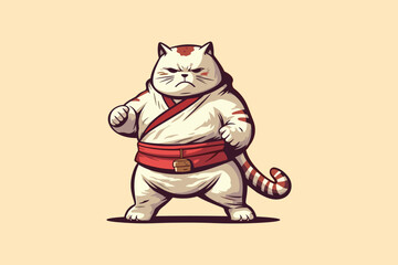 Illustration of a fierce anthro cat practicing martial arts, wearing a traditional outfit with a red belt, emphasizing strength and determination in a cartoon style on a beige background.
