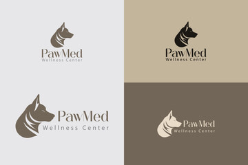 Elegant logo designs for PawMed Wellness Center featuring variations of a dog silhouette. Perfect for branding, veterinary businesses, or organizations emphasizing pet care and wellness.