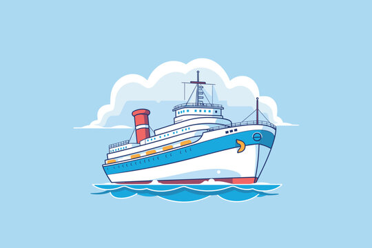 An attractive vector illustration of a cruise ship navigating calm waters under a clear blue sky. The image showcases the ship's lively colors and streamlined design, evoking thoughts of marine travel