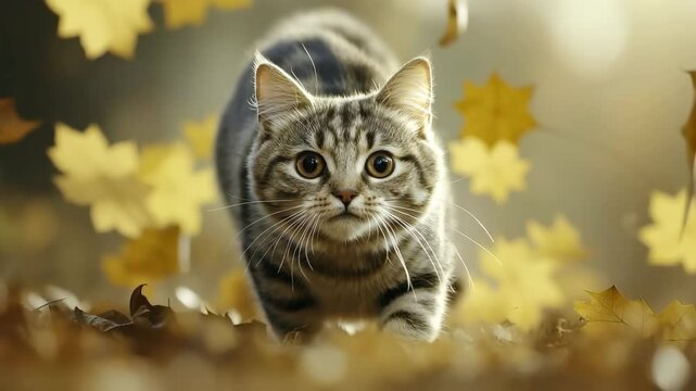 Curious tabby cat with big eyes crouching autumn ground, surrounded by yellow leaves, playful and curious animal exploring outdoors, soft sunlight and warm colors, joyful and lively scene with golden