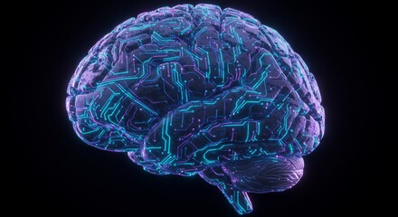 Futuristic Digital Brain Neon Circuitry on 3D Human Brain Model AI Concept