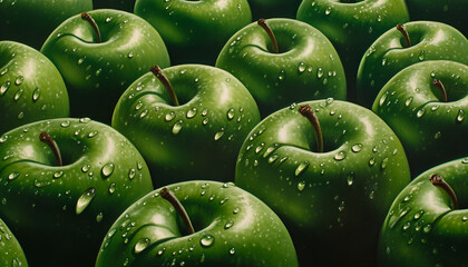 Fresh, wet green apple with water drops