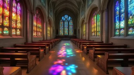 Spectacular stained glass windows casting colorful light in the chapel interior - Powered by Adobe