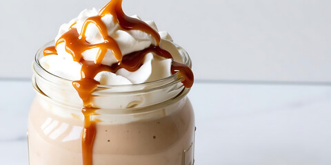 A glass jar filled with creamy coffee drink topped with fluffy